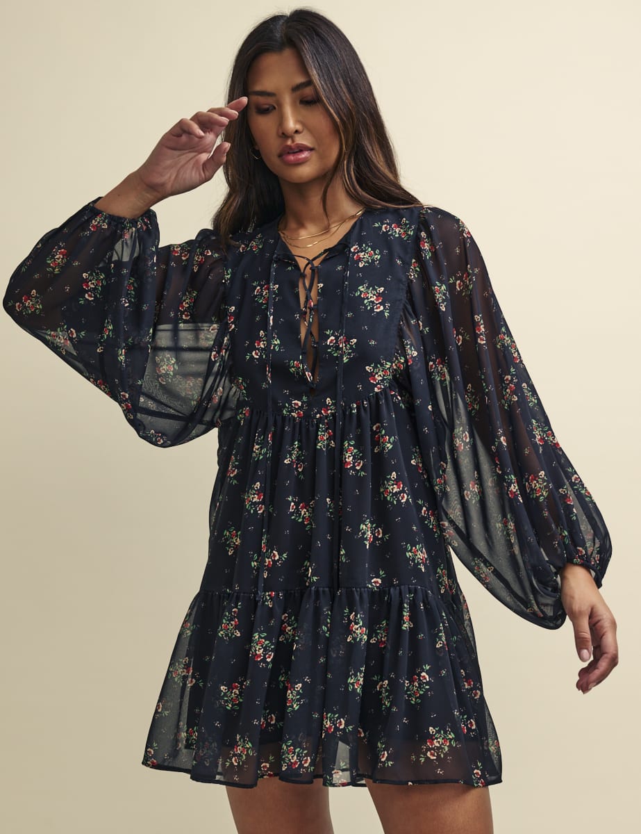Black Ditsy Floral Tilda Chiffon Mini Dress