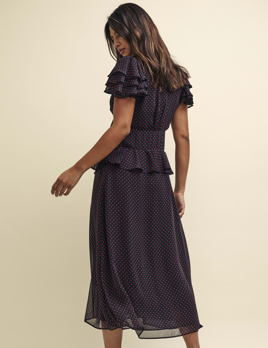 Black and Red Polka Dot Print Alvia Chiffon Midi Dress