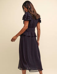 Black and Red Polka Dot Print Alvia Chiffon Midi Dress