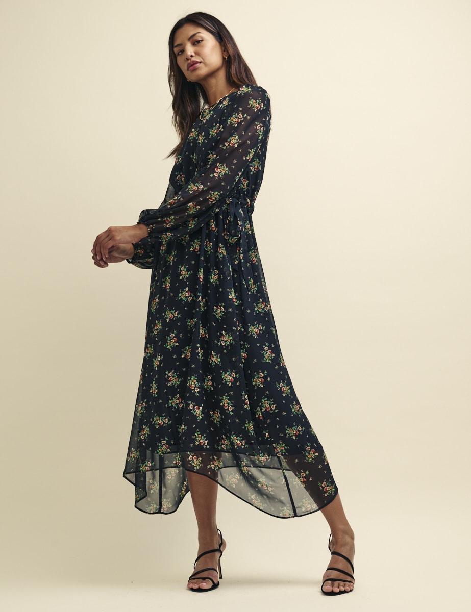 Black Ditsy Floral Este Chiffon Midaxi Dress