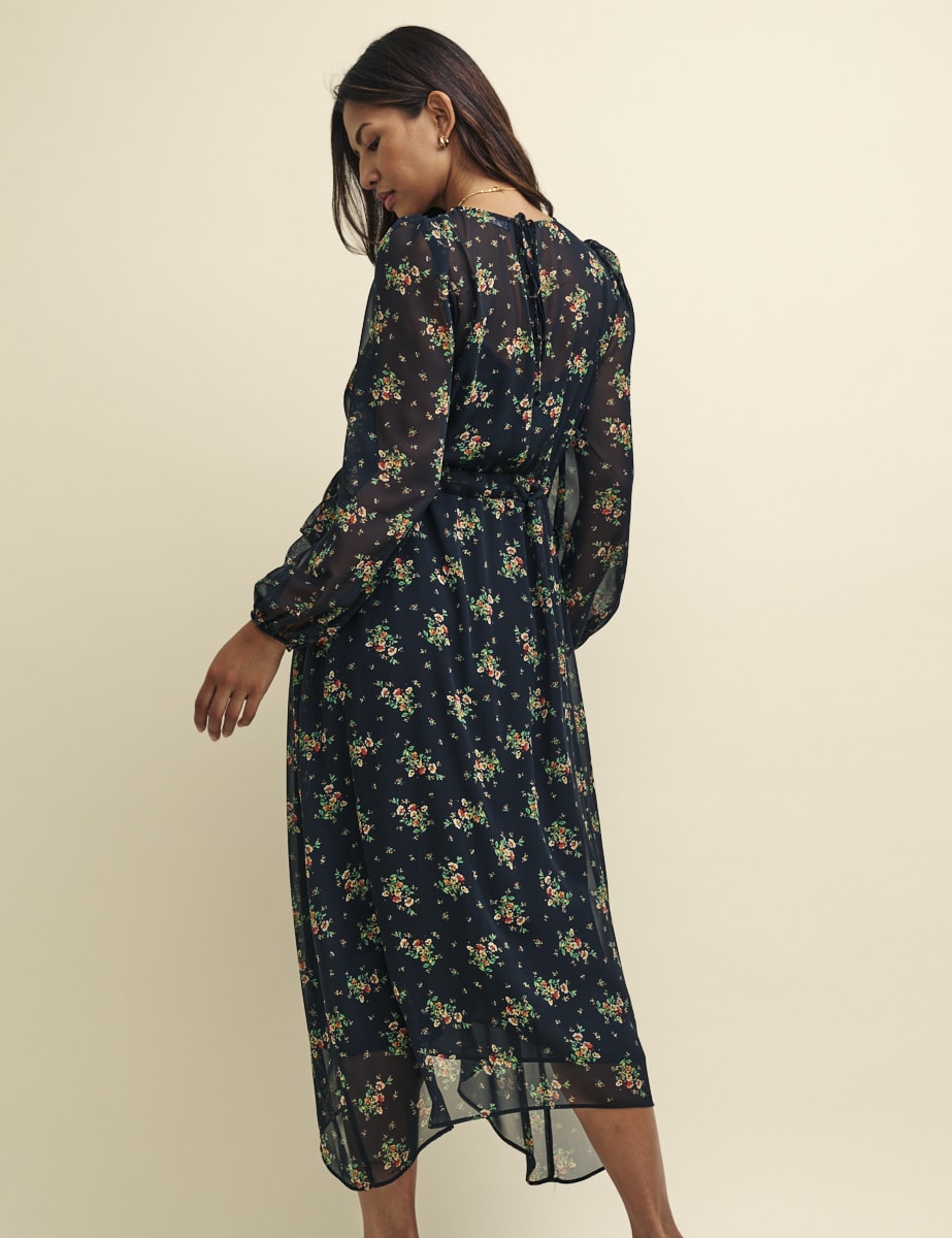 Black Ditsy Floral Este Chiffon Midaxi Dress