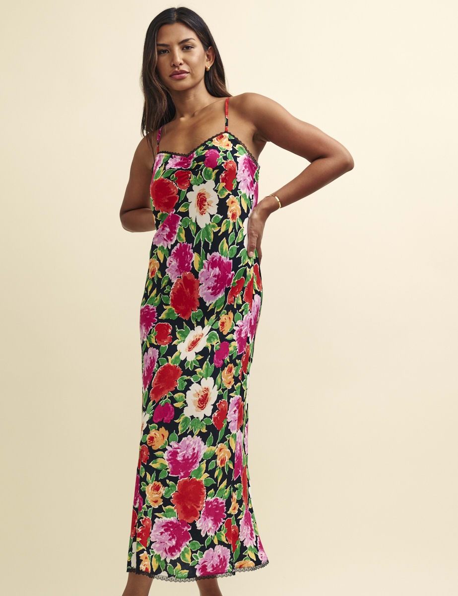 Midnight Floral Orla Lace Trim Slip Midaxi Dress