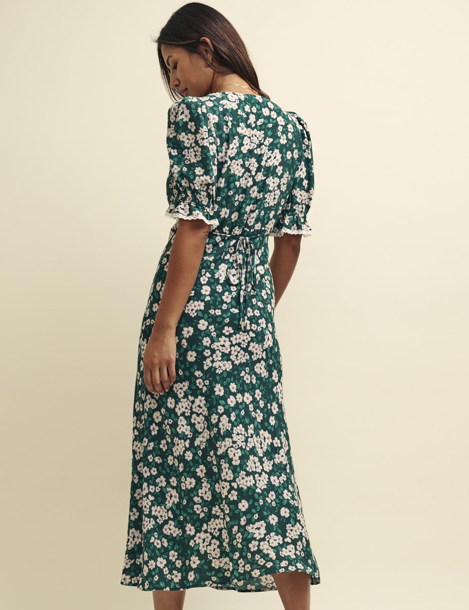 Green Ditsy Floral Monday Lace Trim Midaxi Dress