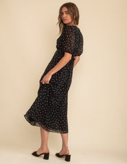 Black Spot Print Chiffon Wrap Molly Midi Dress