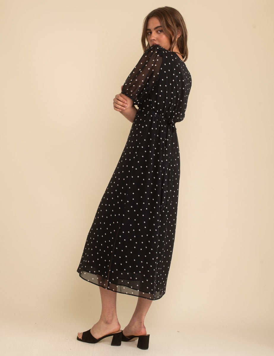 Black Spot Print Chiffon Wrap Molly Midi Dress