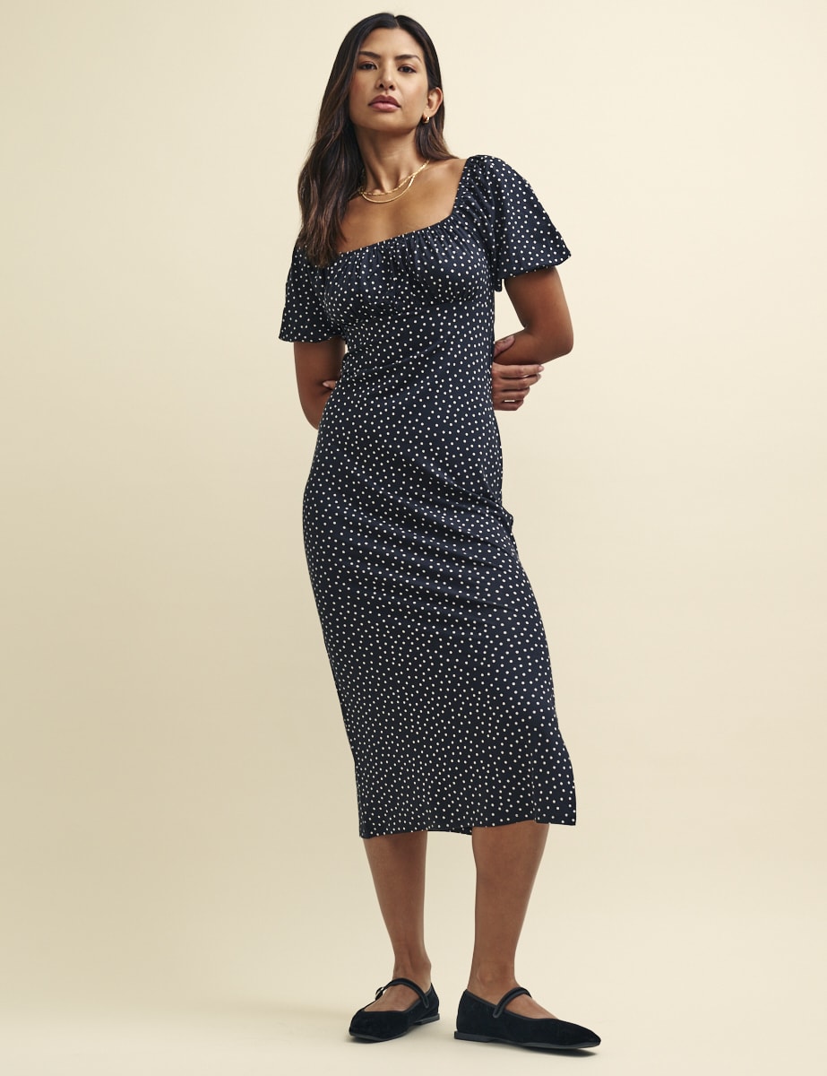 Black Spot Print Ruched Bodice Oregon Jersey Midi Dress