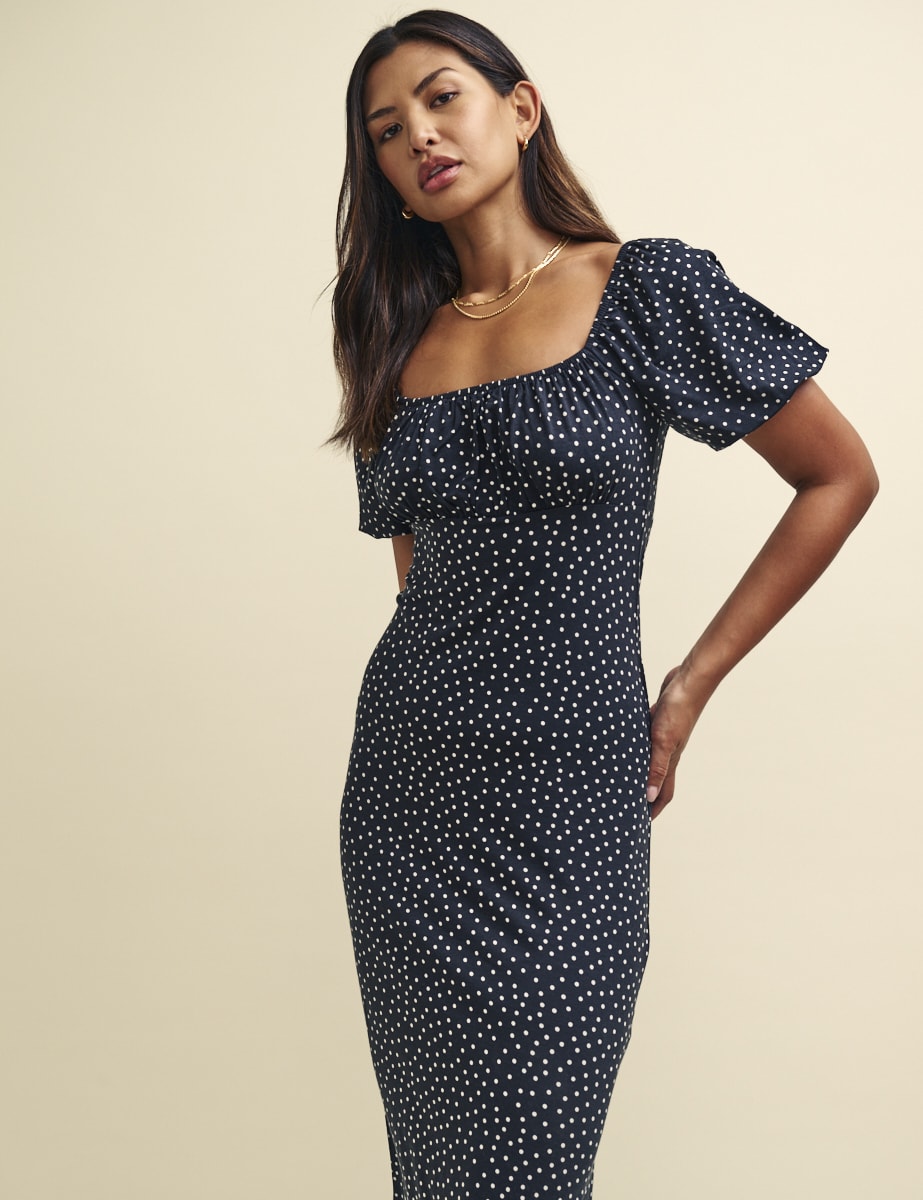 Black Spot Print Ruched Bodice Oregon Jersey Midi Dress
