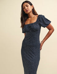 Black Spot Print Ruched Bodice Oregon Jersey Midi Dress