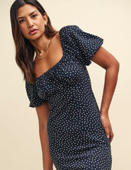 Black Spot Print Ruched Bodice Oregon Jersey Midi Dress