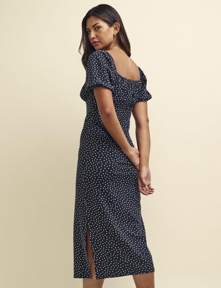 Black Spot Print Ruched Bodice Oregon Jersey Midi Dress