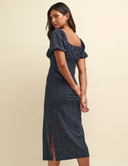 Black Spot Print Ruched Bodice Oregon Jersey Midi Dress