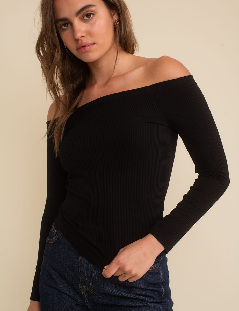 Black Long Sleeve Bardot Top