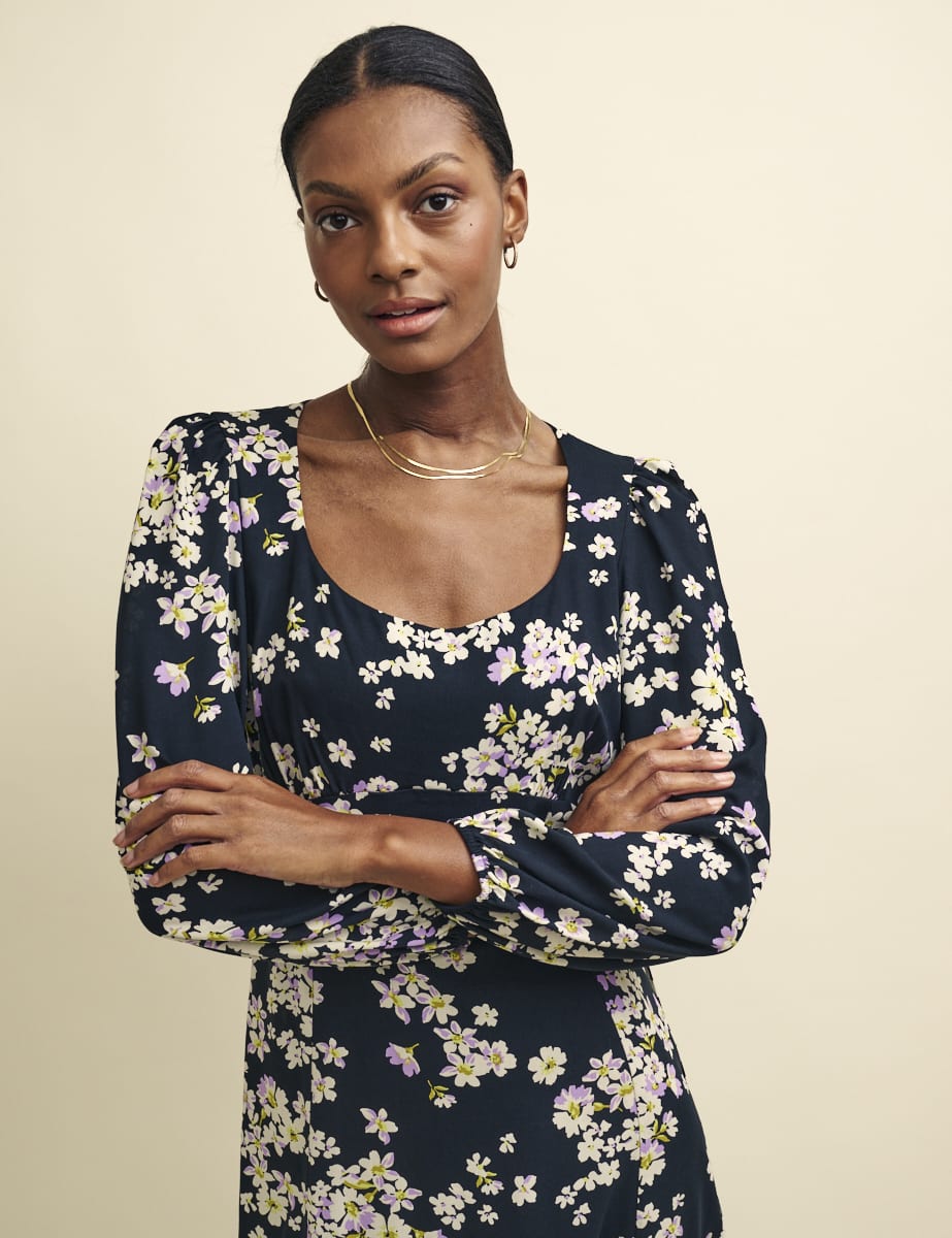 Black Floral Long Sleeve Dee Dee Midi Dress