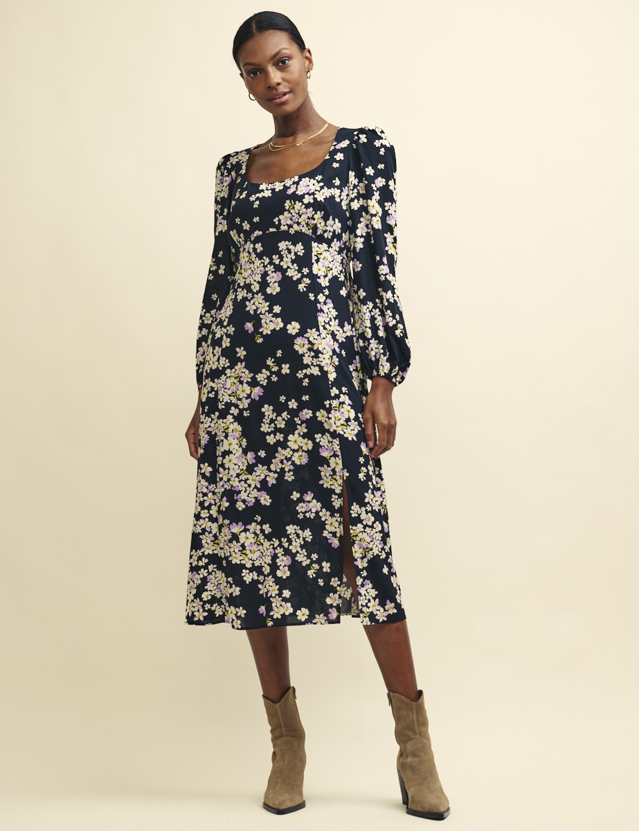 Black Floral Long Sleeve Dee Dee Midi Dress