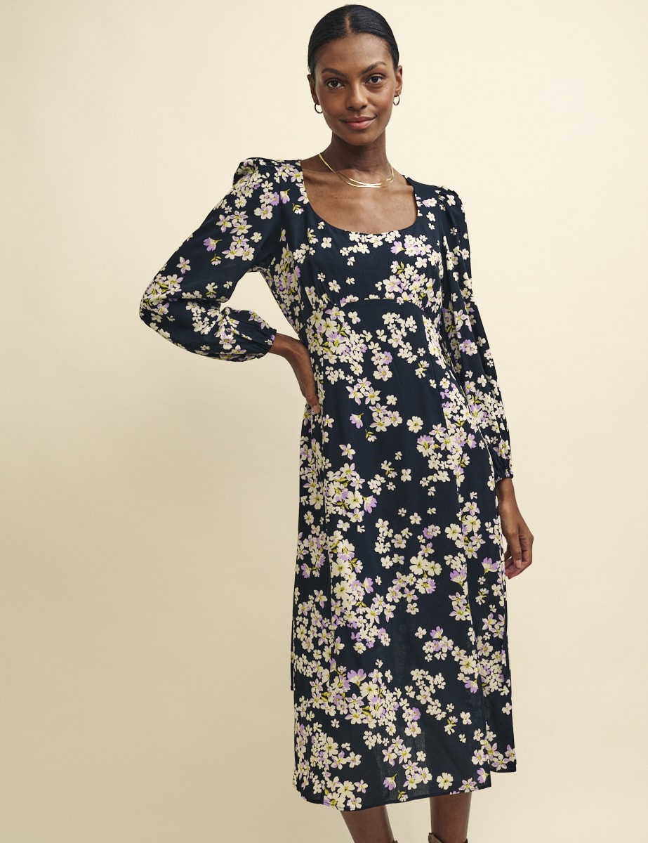 Black Floral Long Sleeve Dee Dee Midi Dress