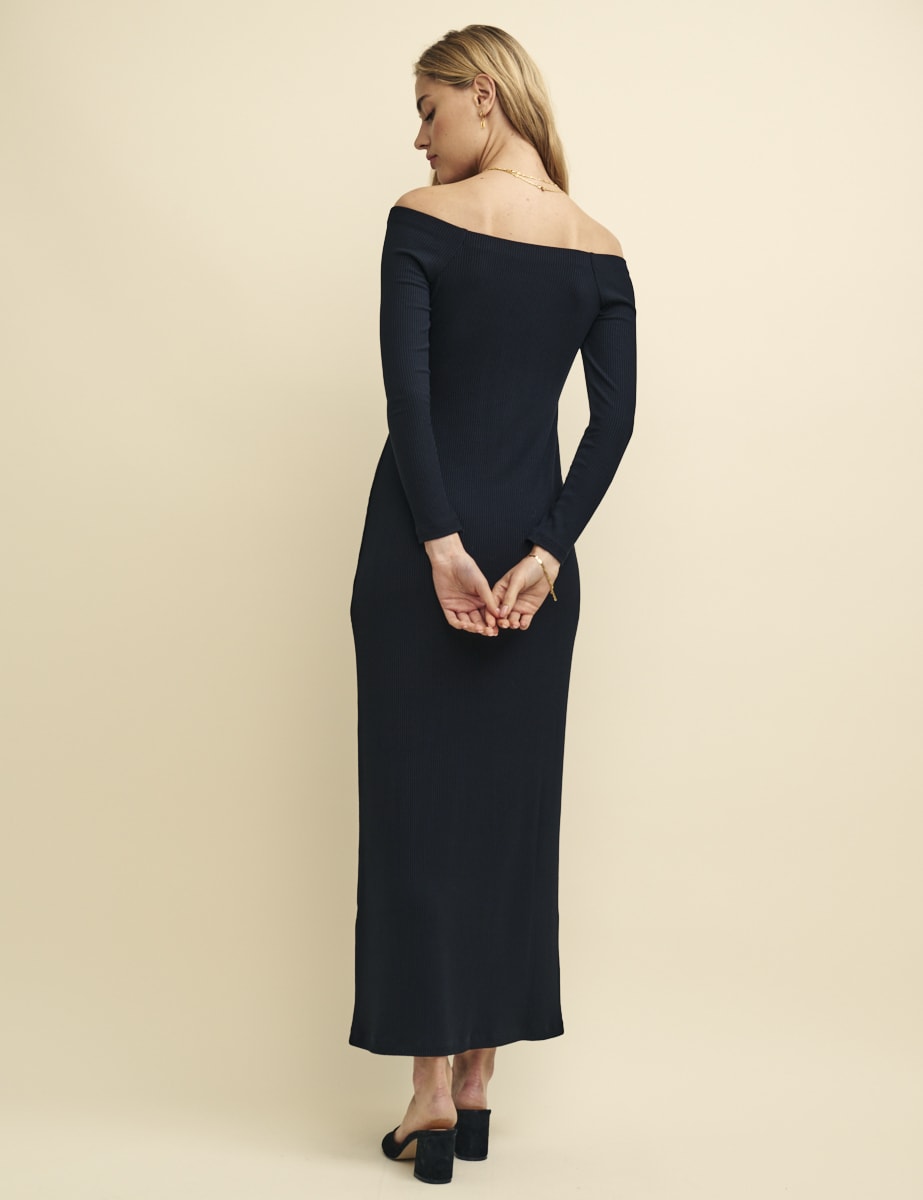 Black Jersey Long Sleeve Bardot Midaxi Dress