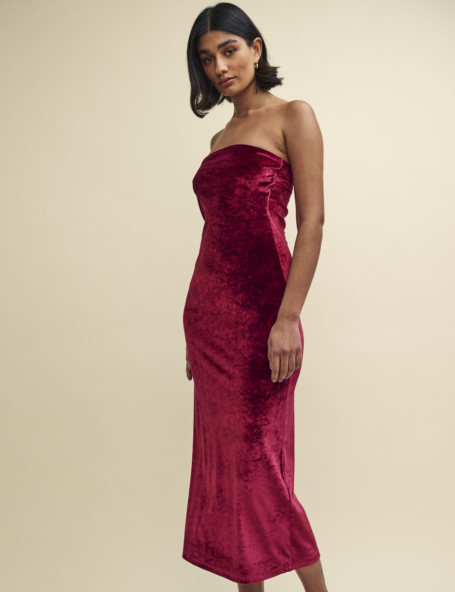 Burgundy Velvet Bandeau Midaxi Dress