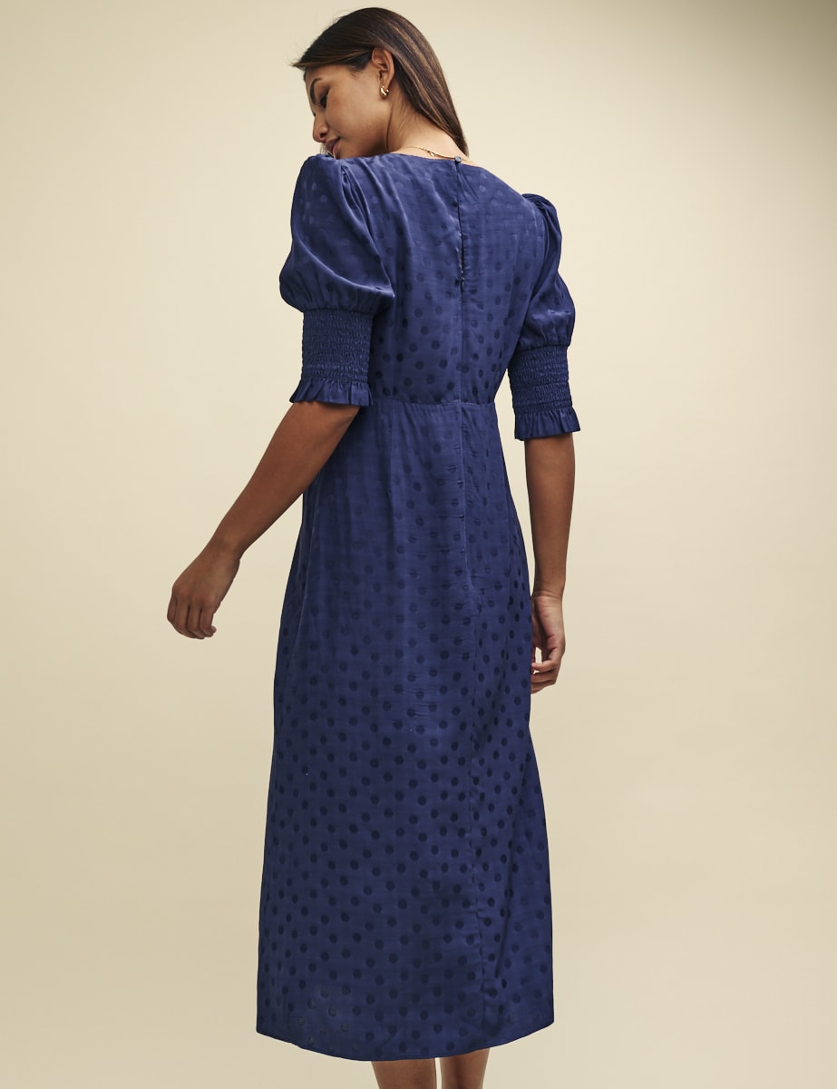 Blue Satin Jacquard Luna Midi Dress