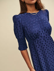 Blue Satin Jacquard Luna Midi Dress