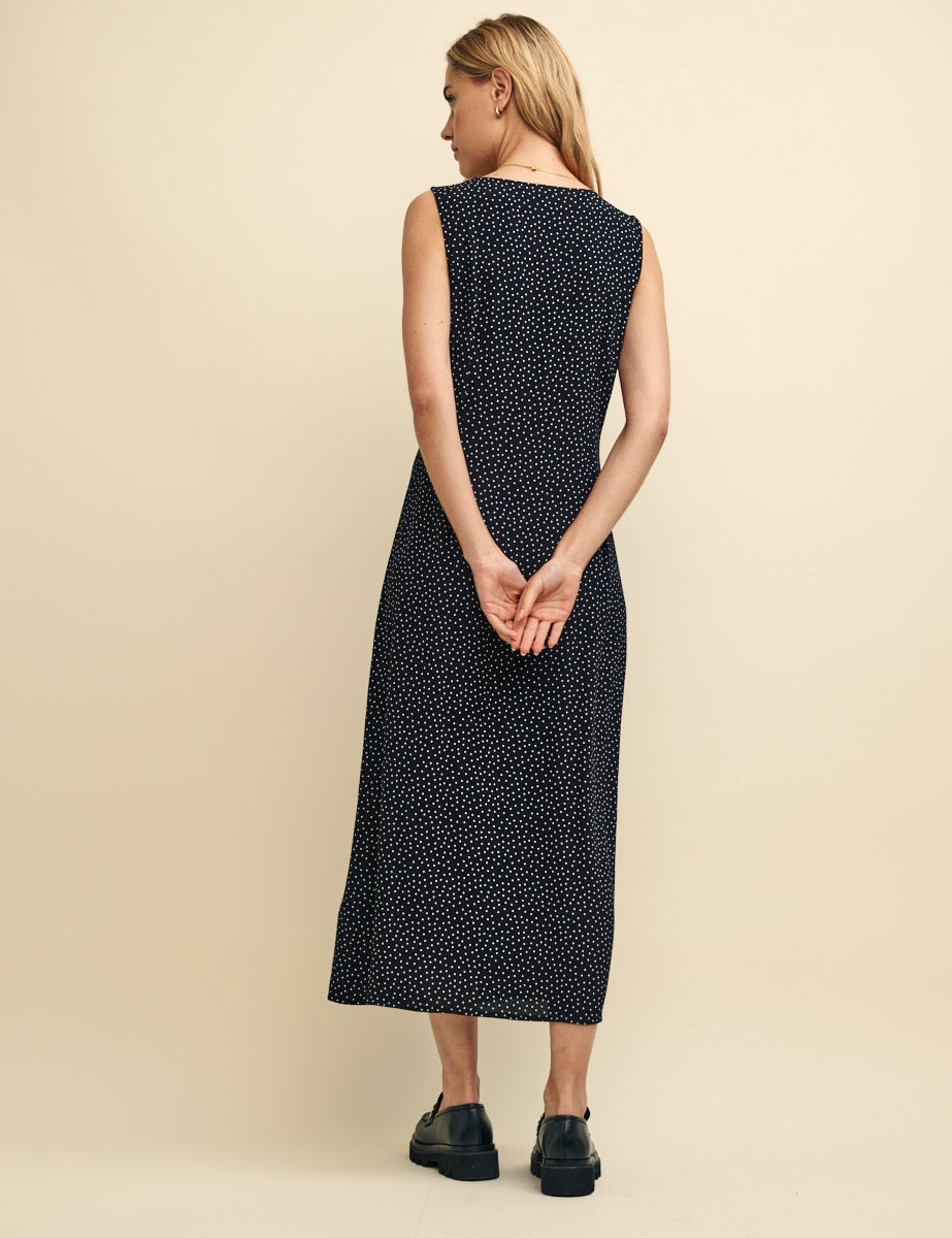 Black Spot Print Lace Trim Joni Midi Dress