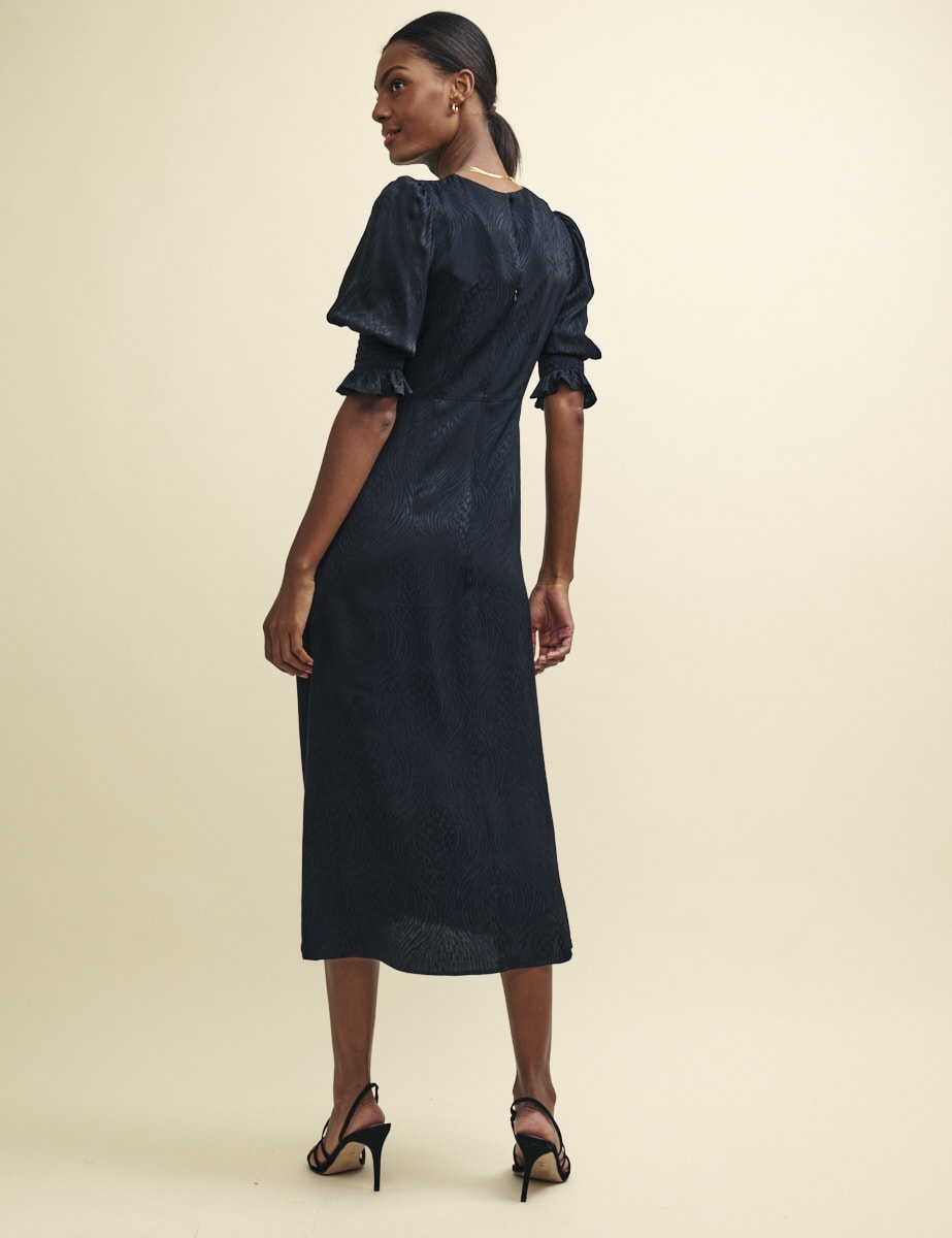 Black Satin Brushstroke Jacquard Luna Midi Dress