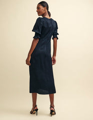 Black Satin Brushstroke Jacquard Luna Midi Dress