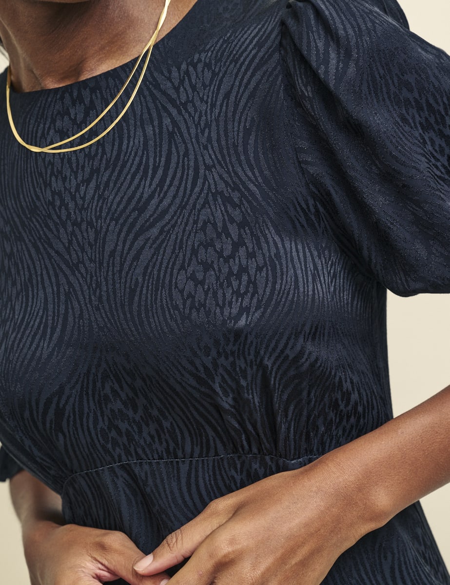 Black Satin Brushstroke Jacquard Luna Midi Dress