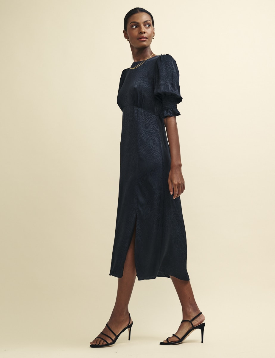 Black Satin Brushstroke Jacquard Luna Midi Dress