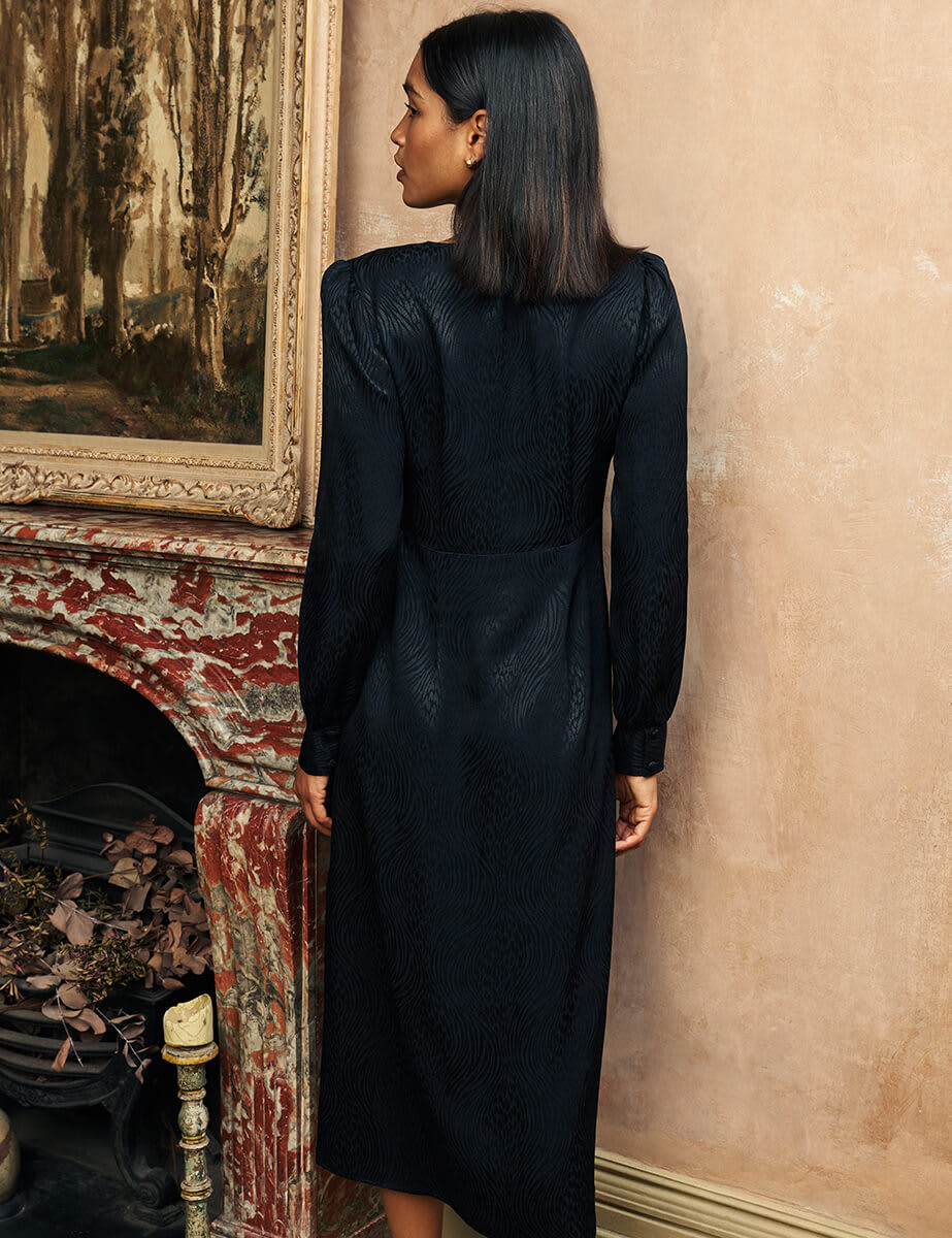 Black Animal Print Satin Jacquard Tasha Midi Dress
