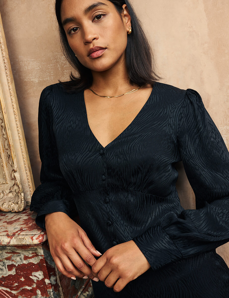 Black Animal Print Satin Jacquard Tasha Midi Dress