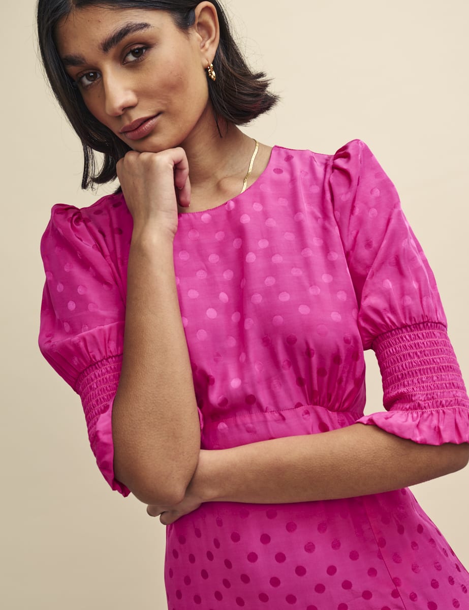 Pink Satin Jacquard Luna Midi Dress