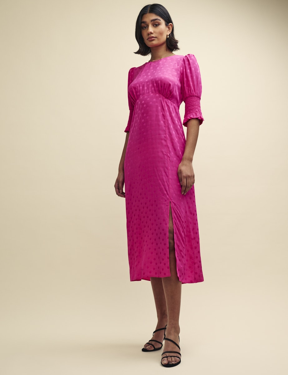 Pink Satin Jacquard Luna Midi Dress