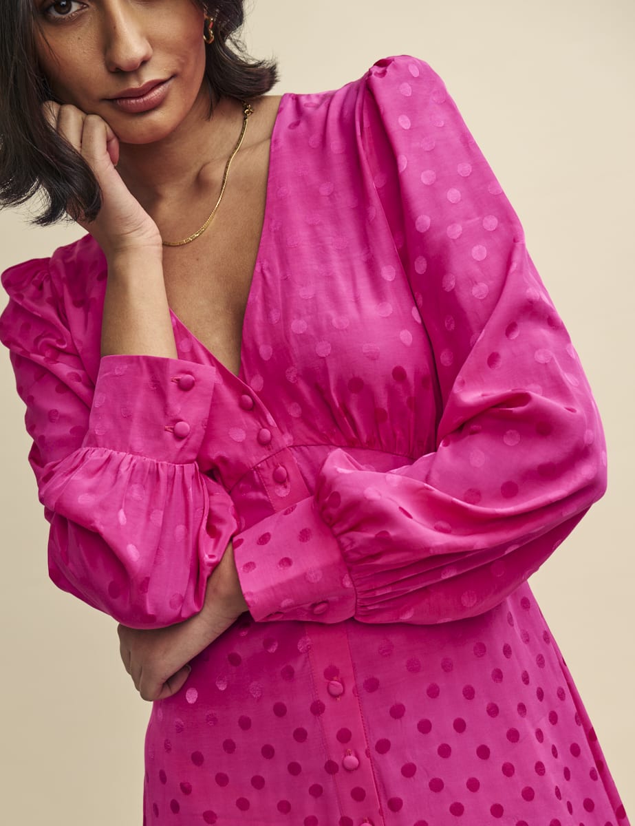 Pink Satin Jacquard Tasha Midi Dress
