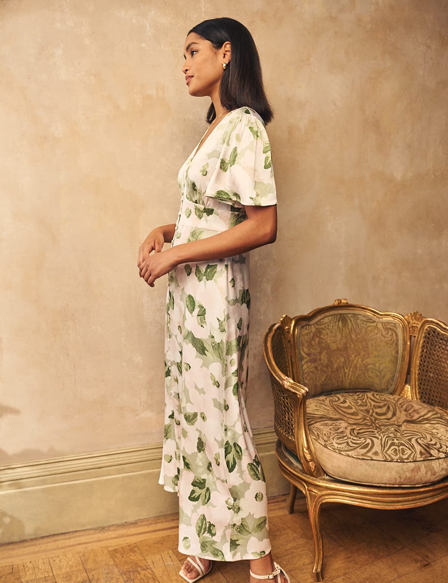 Green Floral Satin Erin Bridesmaid Midaxi Dress