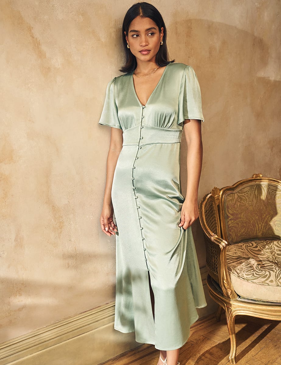 Sage Green Satin Erin Bridesmaid Midaxi Dress