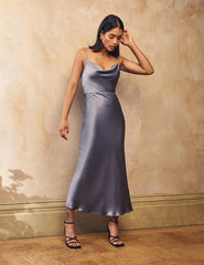 Blue Satin Trixie Bridesmaid Midaxi Dress