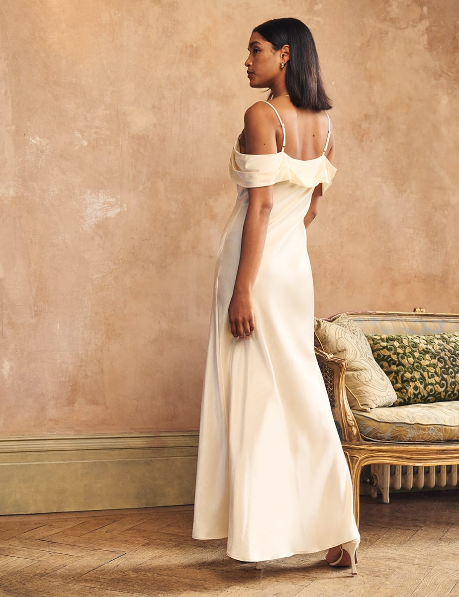 Ivory Satin Bardot Gaia Bridesmaid Maxi Dress