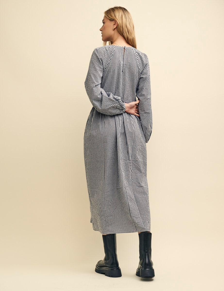 Black Gingham Check Issy Midi Smock Dress