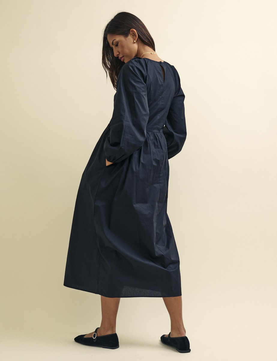 Black Long Sleeve Issy Smock Midi Dress