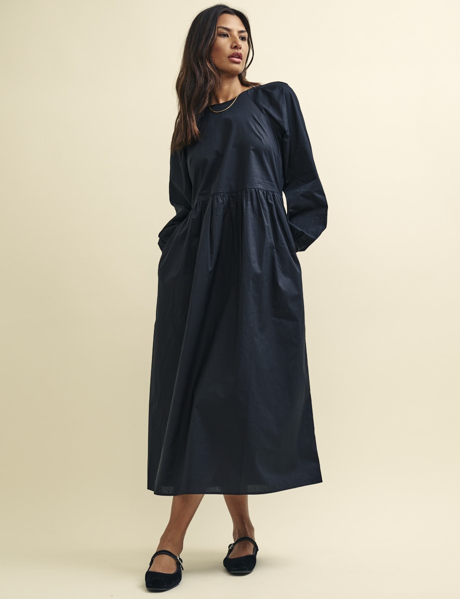 Black Long Sleeve Issy Smock Midi Dress