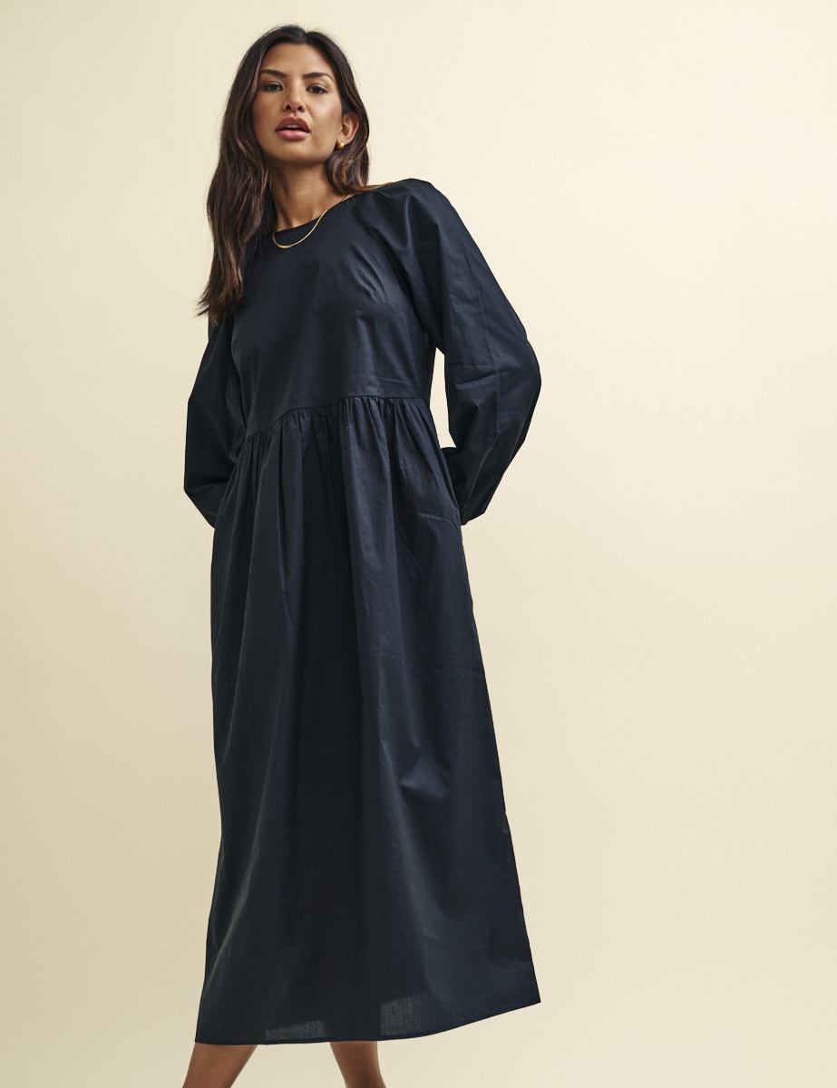 Black Long Sleeve Issy Smock Midi Dress