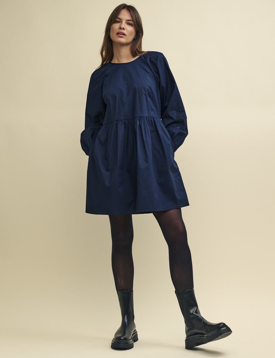 Navy Long Sleeve Issy Mini Smock Dress