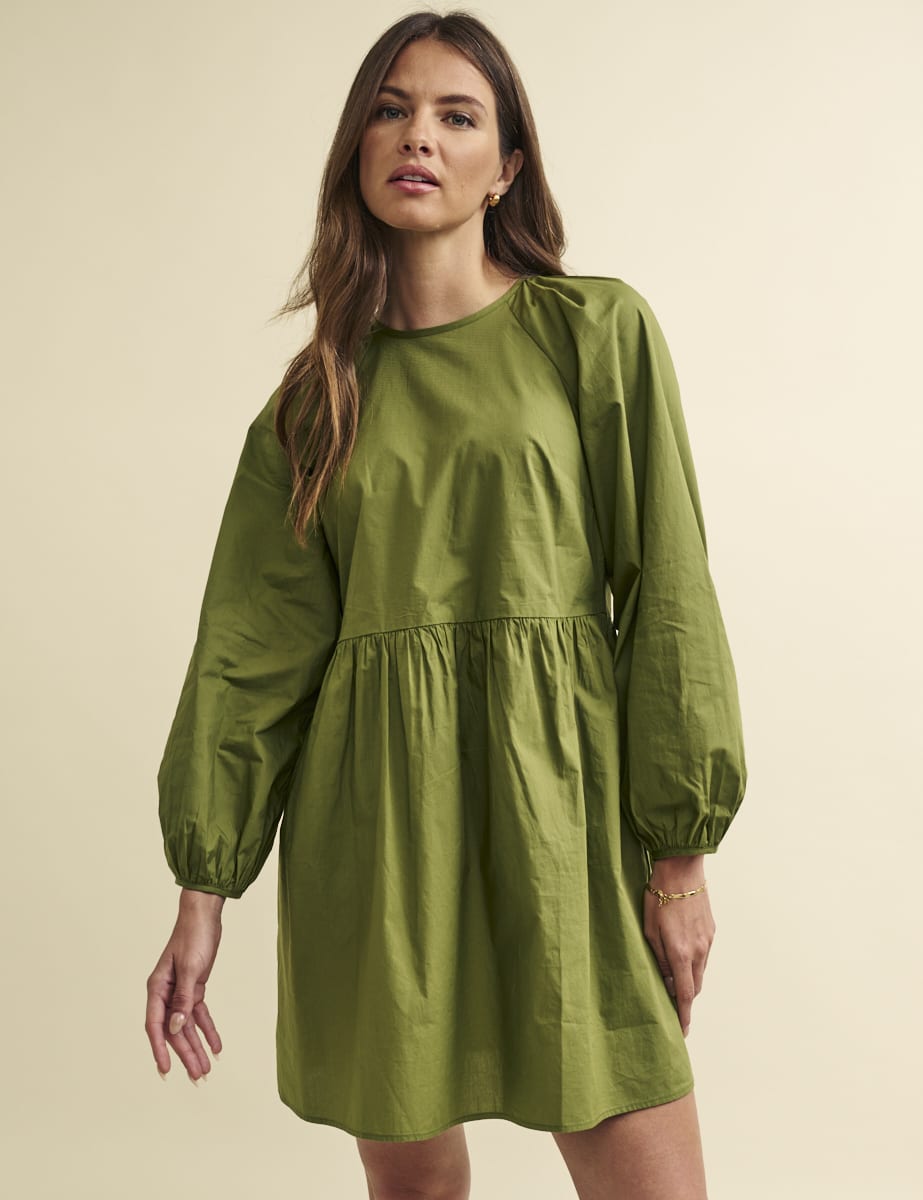 Khaki Green Long Sleeve Issy Smock Mini Dress