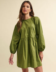 Khaki Green Long Sleeve Issy Smock Mini Dress