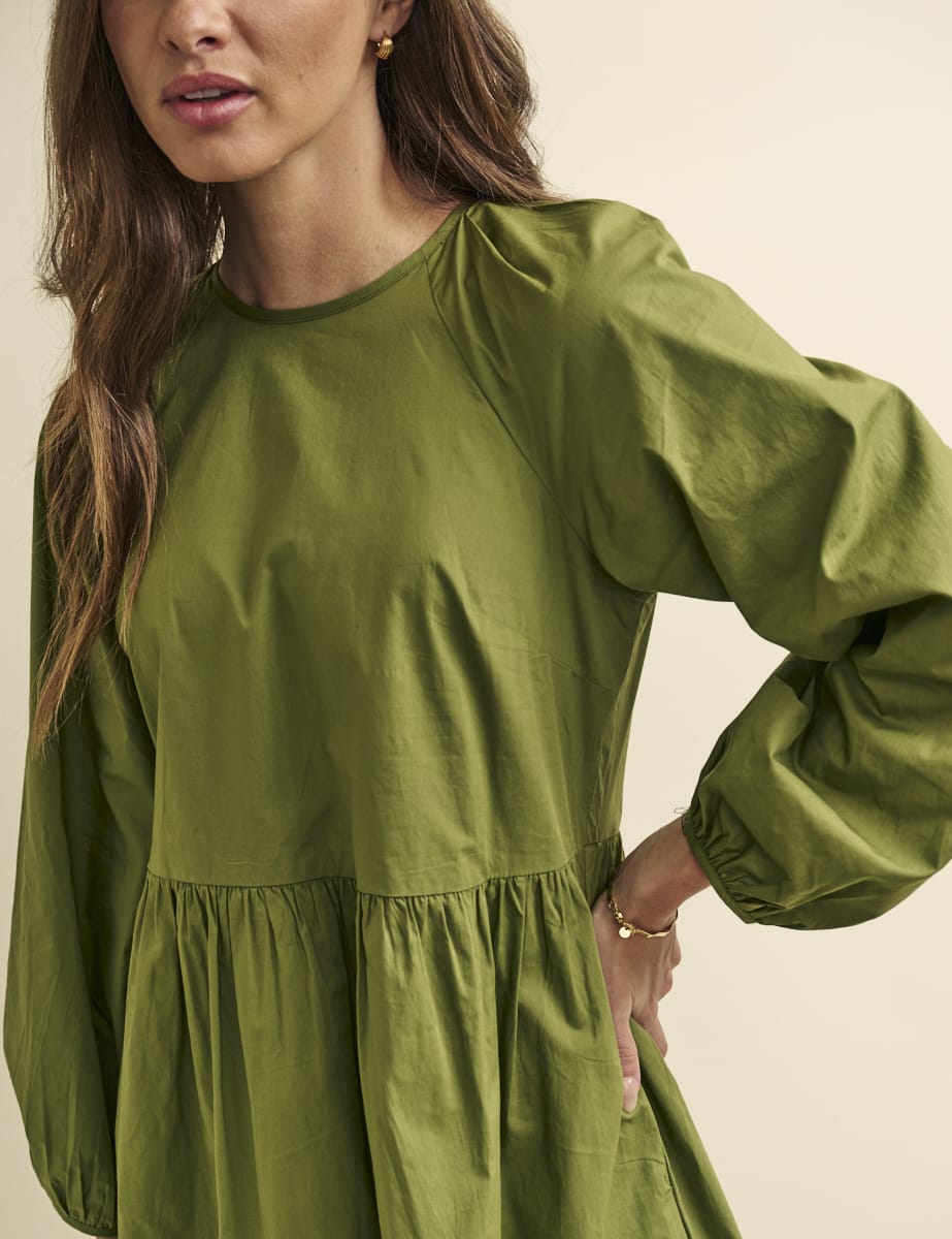 Khaki Green Long Sleeve Issy Smock Mini Dress