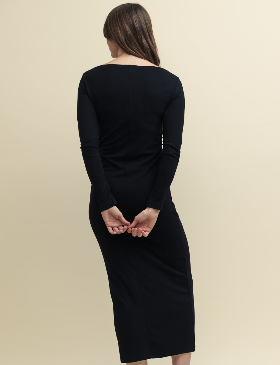 Black Long Sleeve Boatneck Luke Ruched Midi Dress