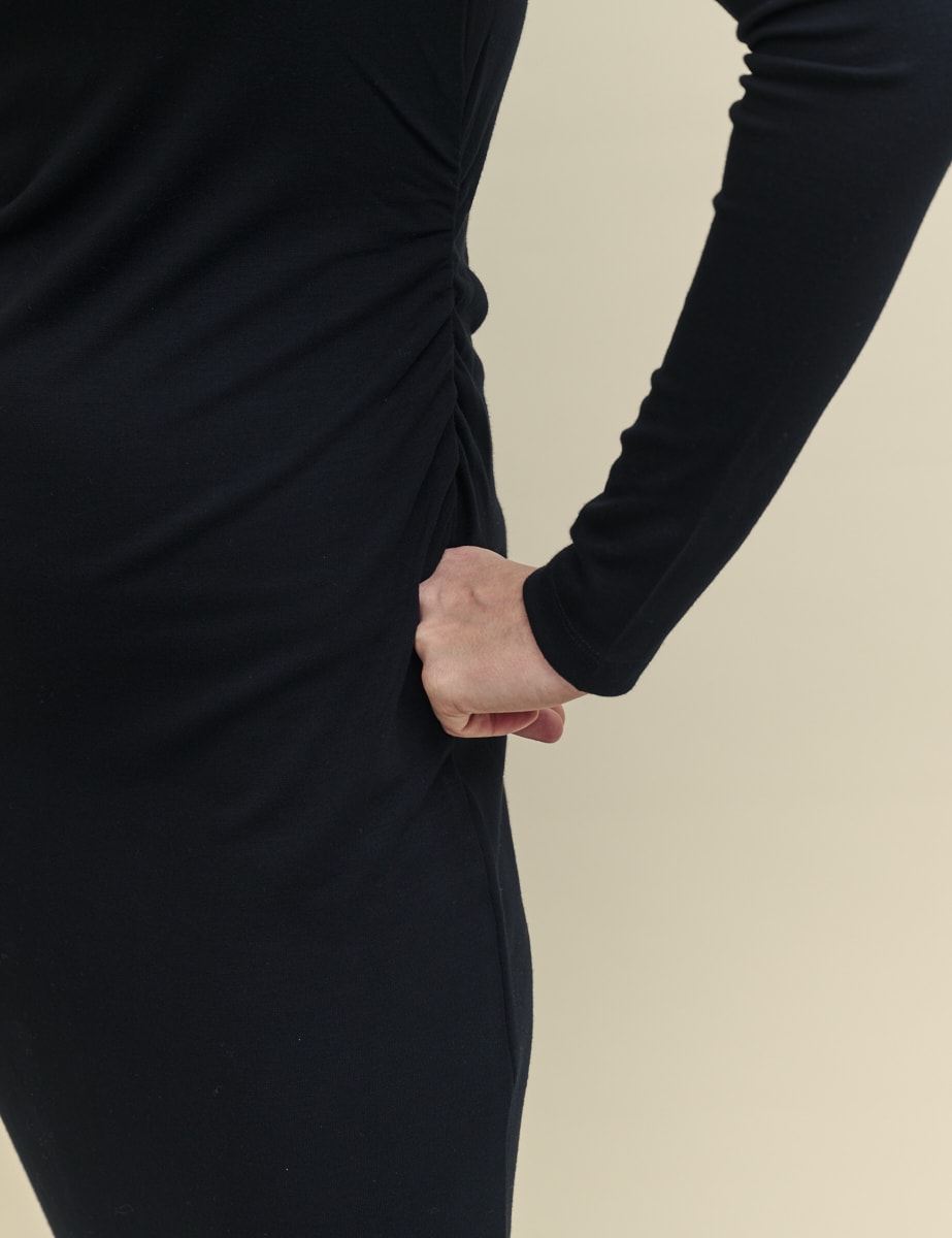 Black Long Sleeve Boatneck Luke Ruched Midi Dress