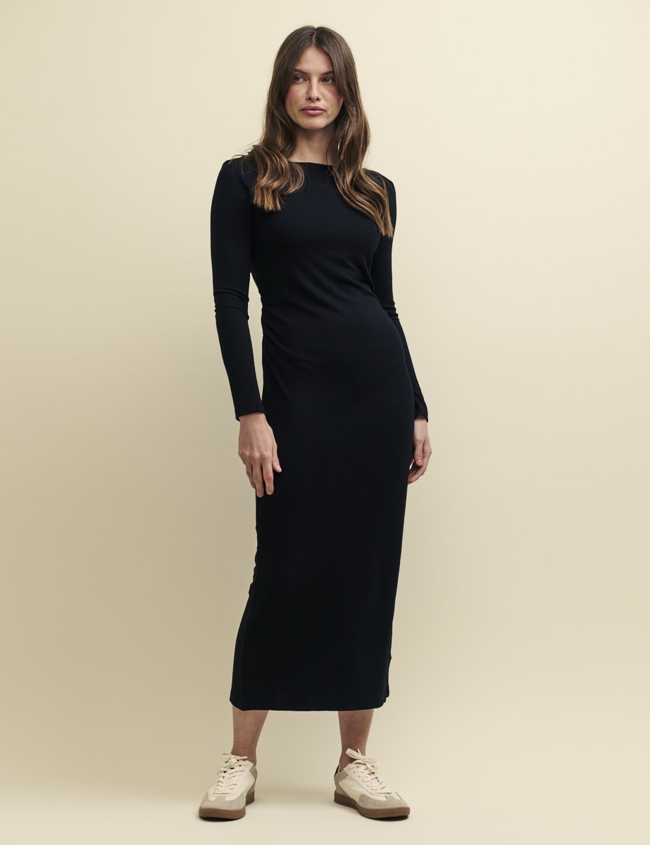 Black Long Sleeve Boatneck Luke Ruched Midi Dress