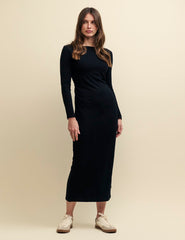 Black Long Sleeve Boatneck Luke Ruched Midi Dress