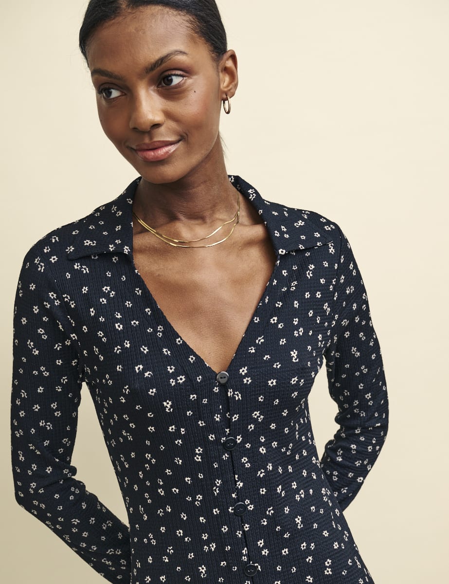 Black Floral Print Reed Midi Dress